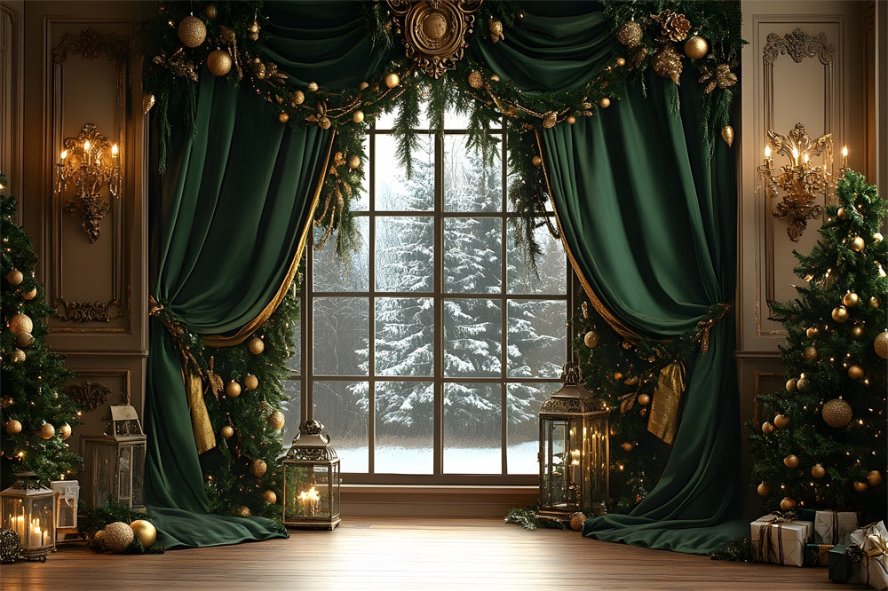 Christmas Garland Window Snow Trees Backdrop RR8-87