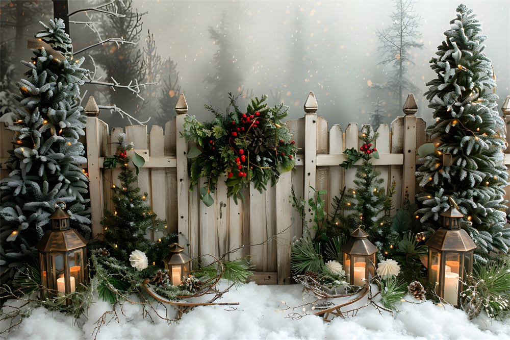 Winter Snow Christmas Trees Fence Backdrop RR8-8