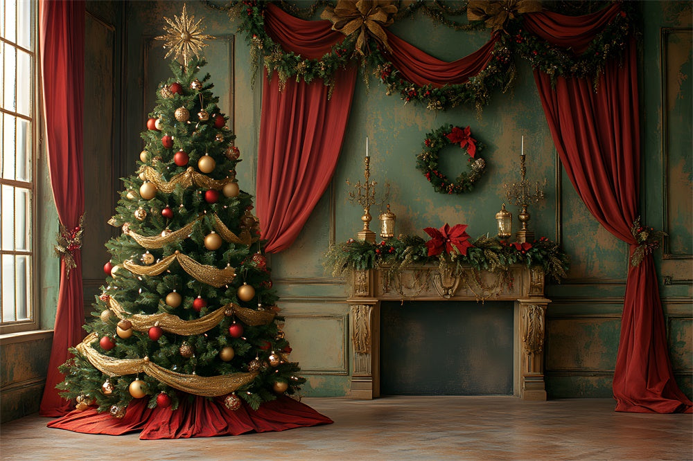 Christmas Tree Vintage Wall Curtain Backdrop RR8-92