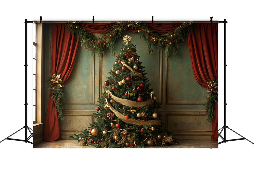 Christmas Tree Red Curtain Garland Backdrop RR8-93