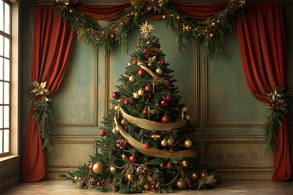 Christmas Tree Red Curtain Garland Backdrop RR8-93