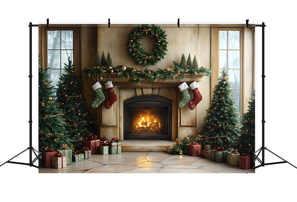 Christmas Tree Lights Fireplace Socks Backdrop RR8-94