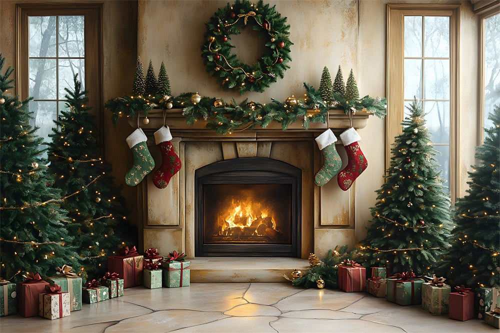 Christmas Tree Lights Fireplace Socks Backdrop RR8-94