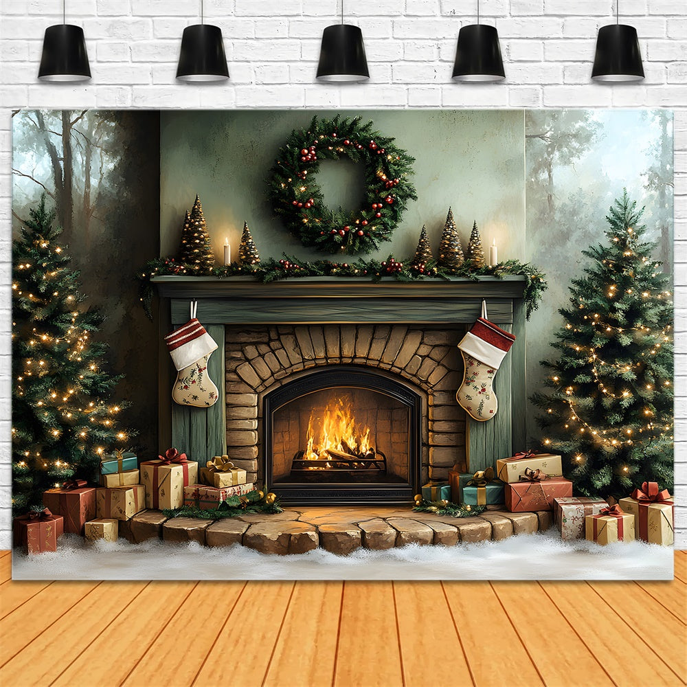 Christmas Fireplace Trees Wreath Backdrop RR8-96