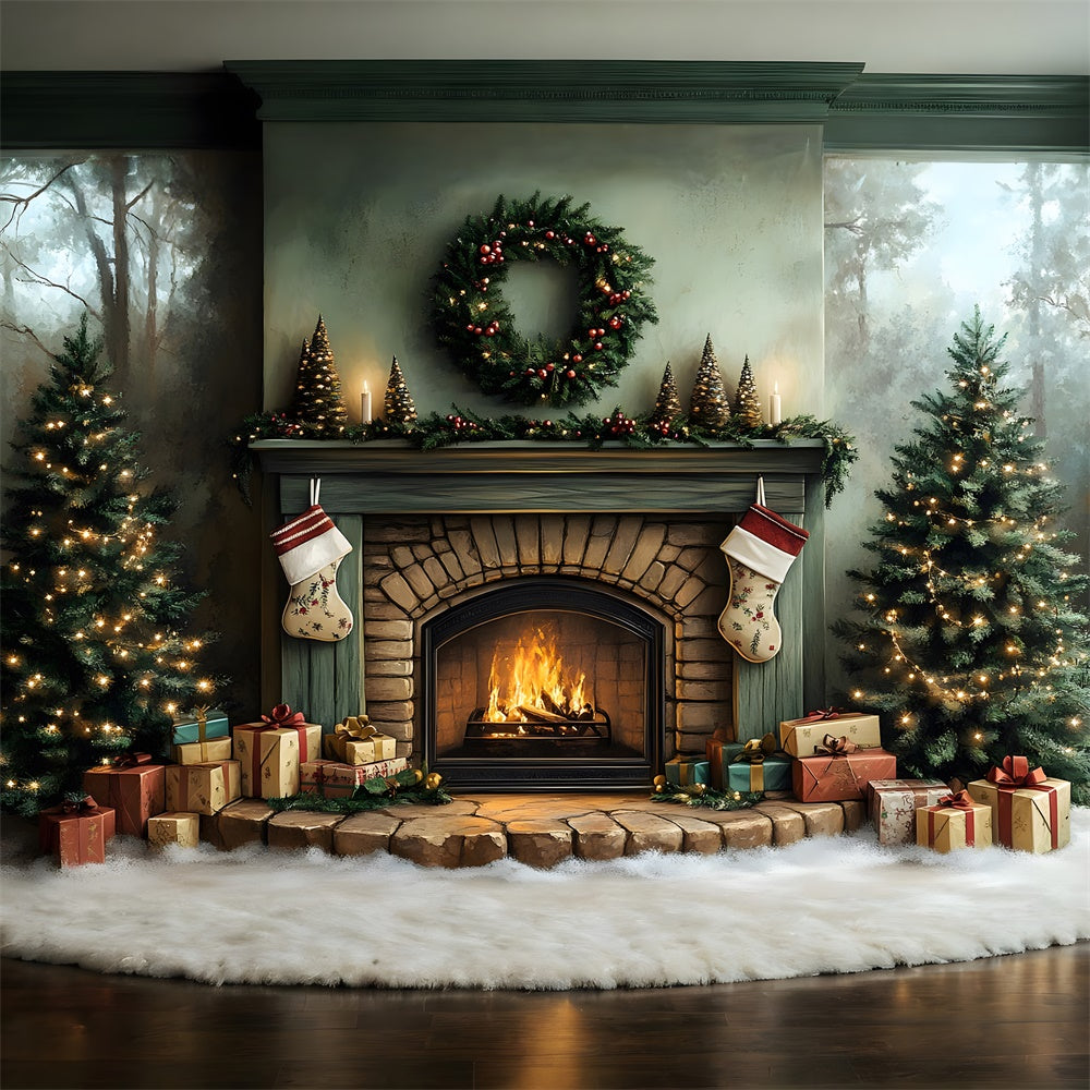 Christmas Fireplace Trees Wreath Backdrop RR8-96