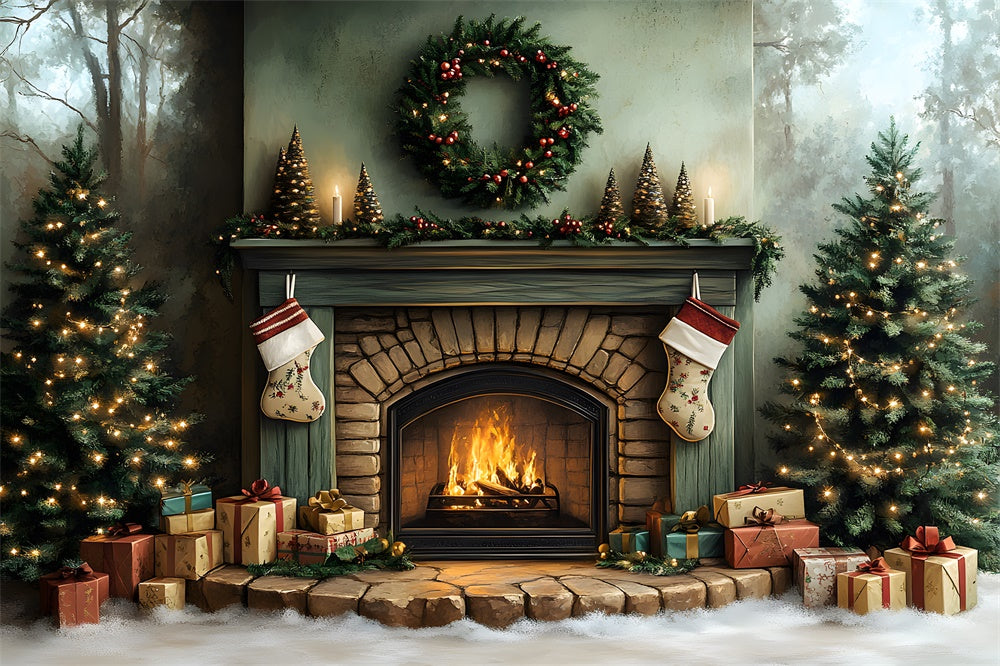 Christmas Fireplace Trees Wreath Backdrop RR8-96