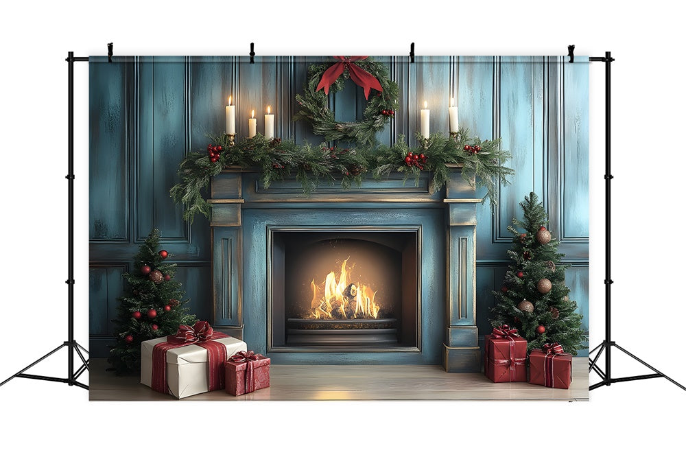 Christmas Blue Retro Wall Fireplace Backdrop RR8-97