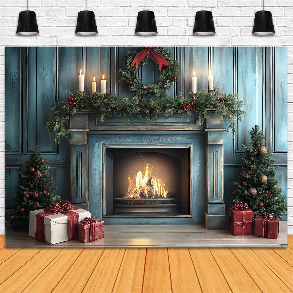 Christmas Blue Retro Wall Fireplace Backdrop RR8-97