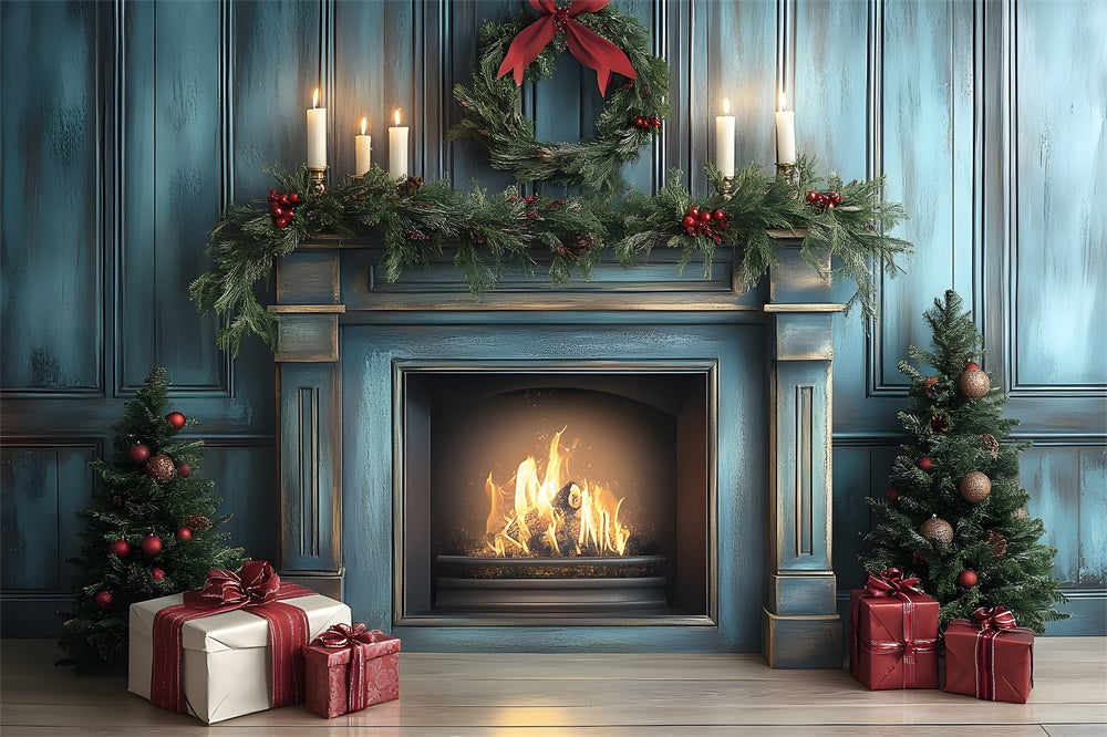 Christmas Blue Retro Wall Fireplace Backdrop RR8-97