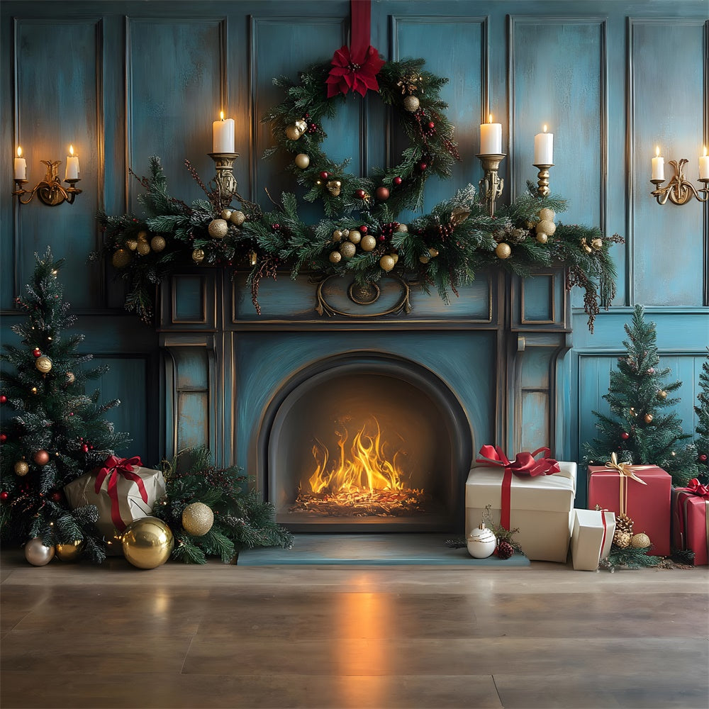 Christmas Fireplace Candles Gift Boxes Backdrop RR8-98