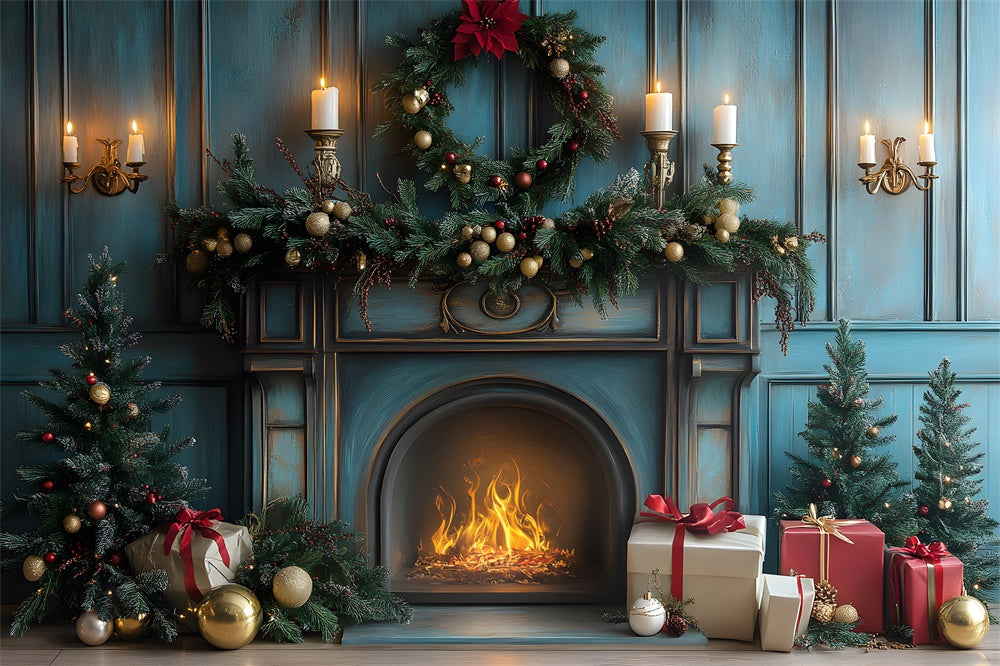 Christmas Fireplace Candles Gift Boxes Backdrop RR8-98