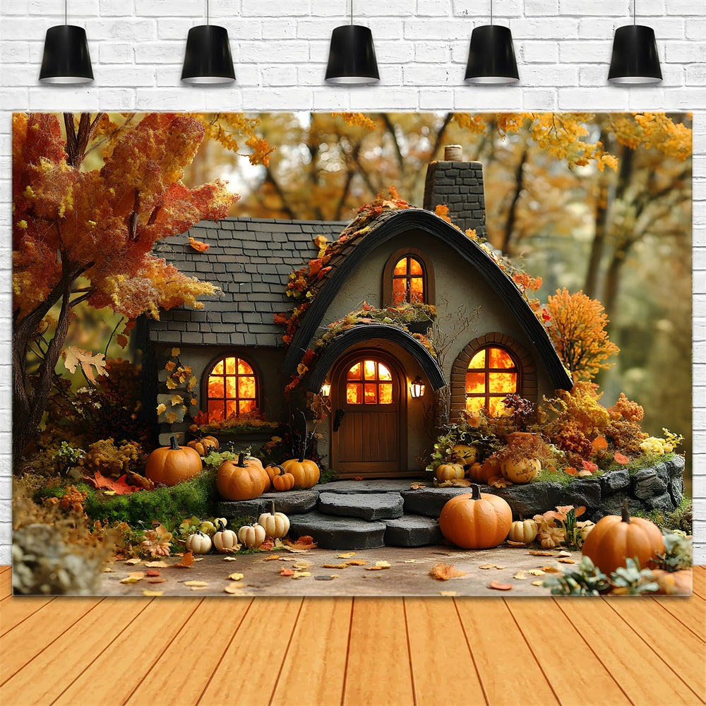 Autumn Forest Wood House Pumpkins Backdrop RR9-10