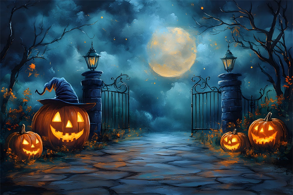 Halloween Spooky Moon Night Cemetery Gate Backdrop RR9-100