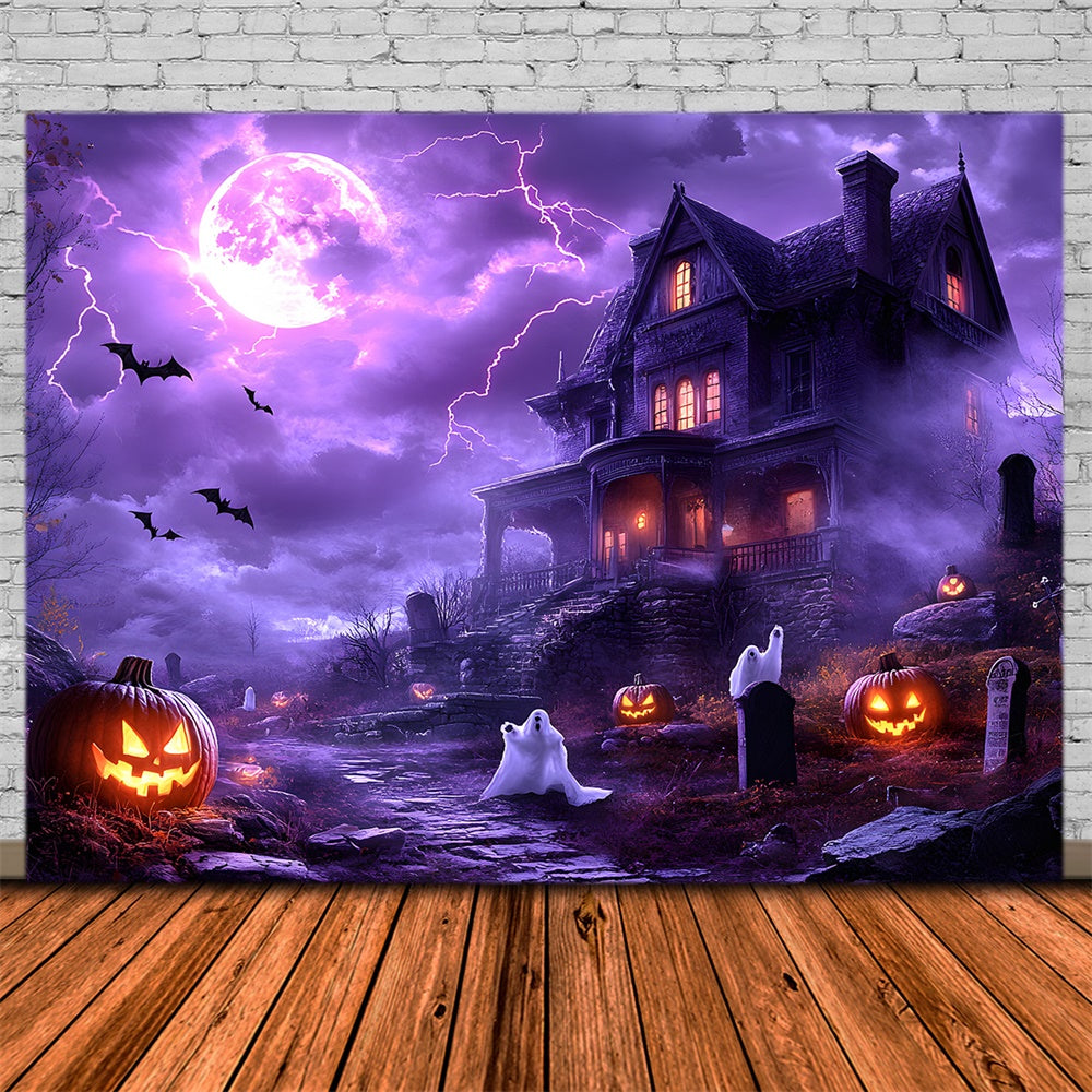 Halloween Purple Night Sky Lightning Ghost Backdrop RR9-108