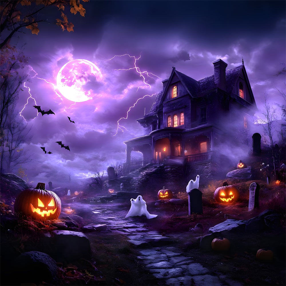 Halloween Purple Night Sky Lightning Ghost Backdrop RR9-108