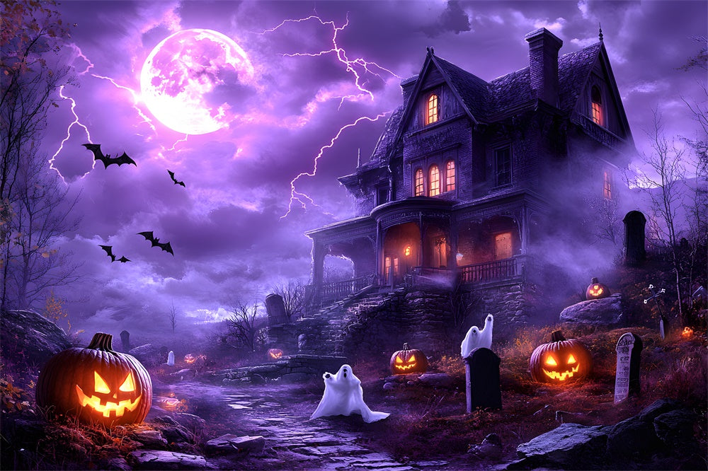 Halloween Purple Night Sky Lightning Ghost Backdrop RR9-108