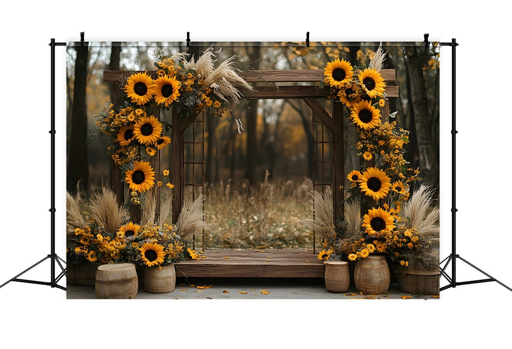 Fall Wood Arch Door Sunflowers Backdrop RR9-11