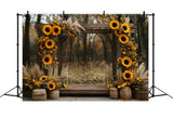 Fall Wood Arch Door Sunflowers Backdrop RR9-11