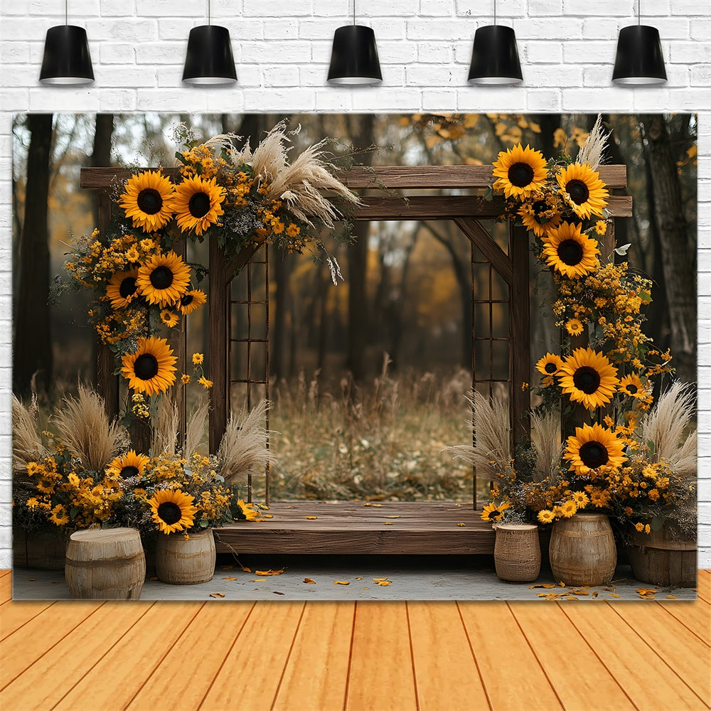 Fall Wood Arch Door Sunflowers Backdrop RR9-11