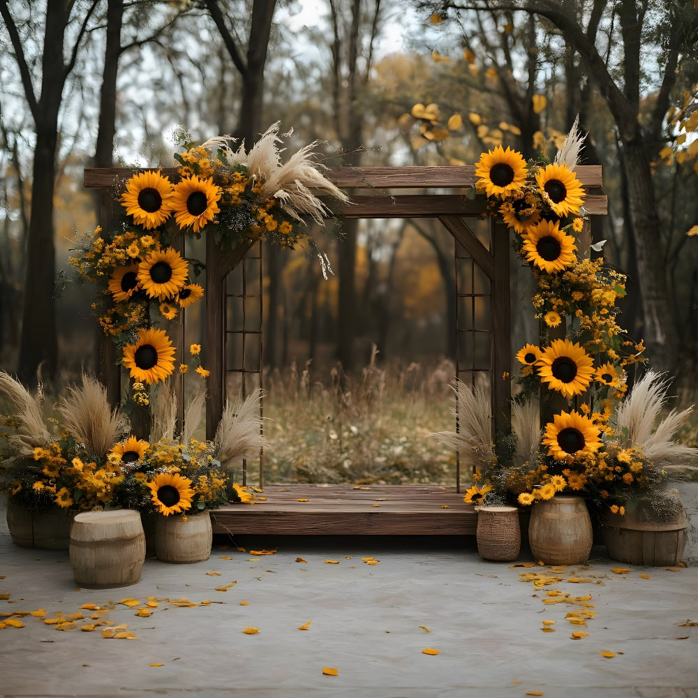 Fall Wood Arch Door Sunflowers Backdrop RR9-11