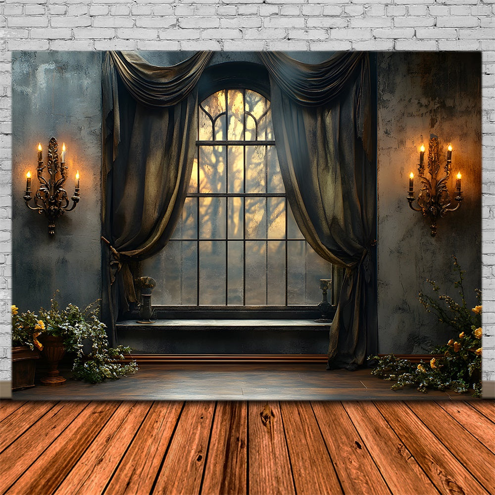 Halloween Retro Wall Candles Window View Backdrop RR9-110