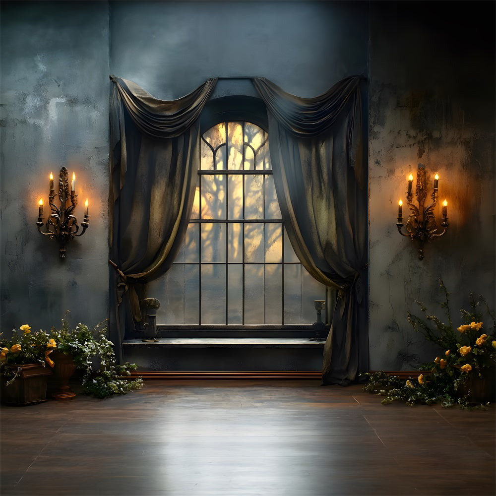 Halloween Retro Wall Candles Window View Backdrop RR9-110