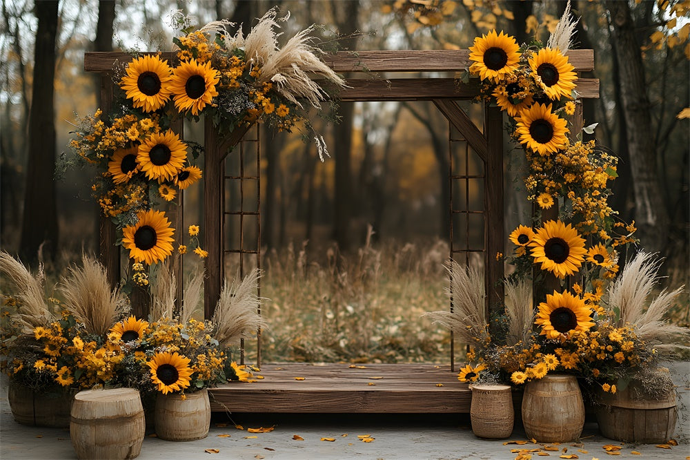 Fall Wood Arch Door Sunflowers Backdrop RR9-11