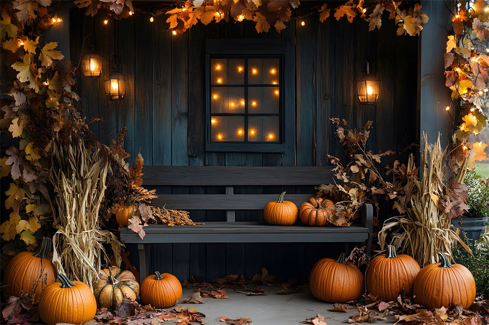 Fall Wood Chair String Lights Leaves Backdrop RR9-16