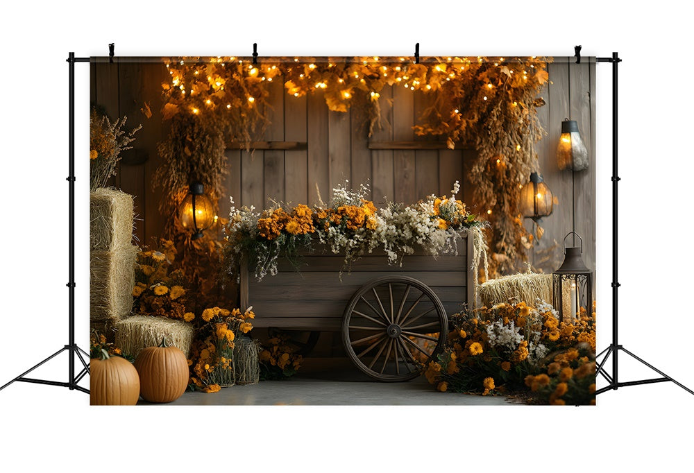 Autumn Harvest Barn Wood Cart Backdrop RR9-17