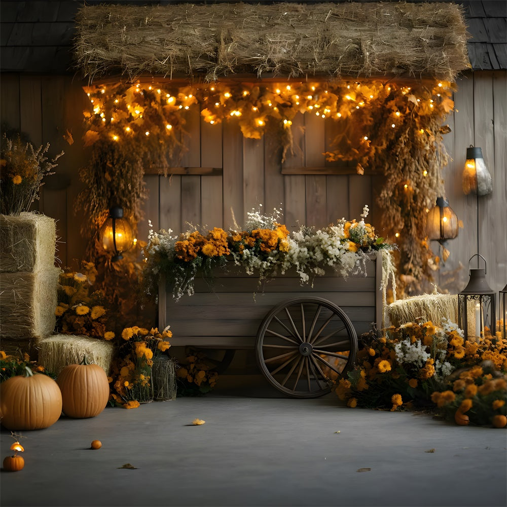 Autumn Harvest Barn Wood Cart Backdrop RR9-17