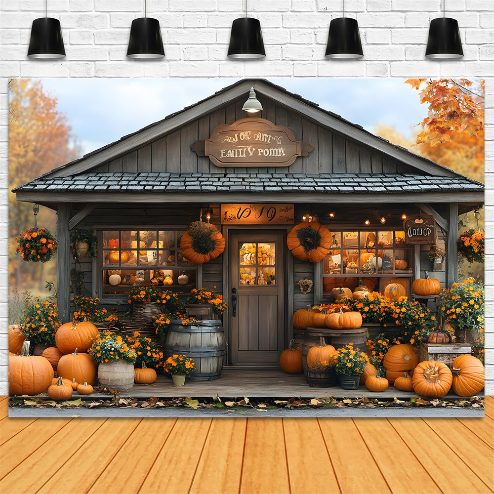 Fall Pumpkin House Harvest Flowers Backdrop RR9-18