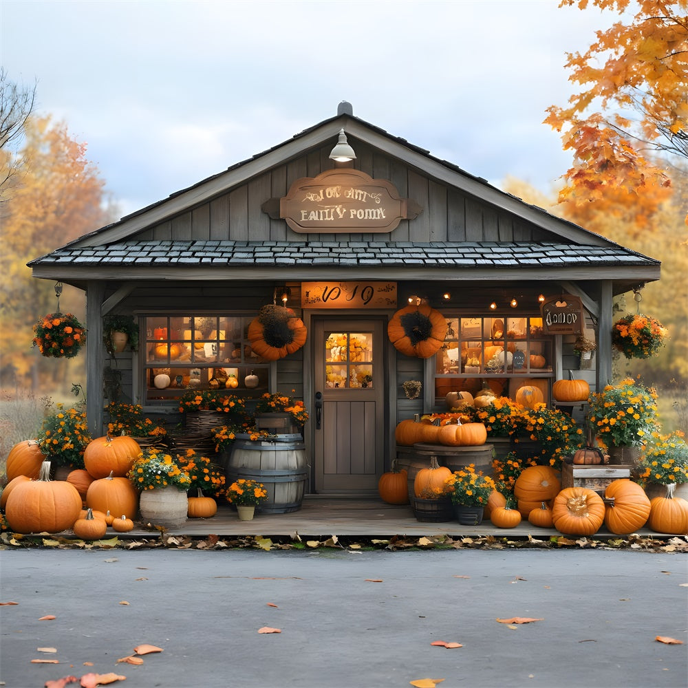 Fall Pumpkin House Harvest Flowers Backdrop RR9-18