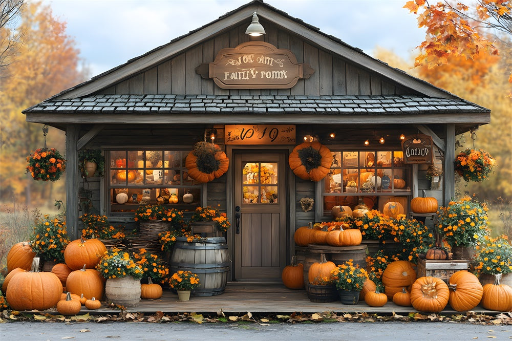 Fall Pumpkin House Harvest Flowers Backdrop RR9-18