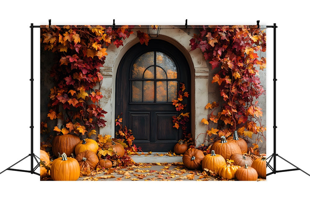 Fall Rustic Door Maple Leaves Pumpkin Backdrop RR9-2