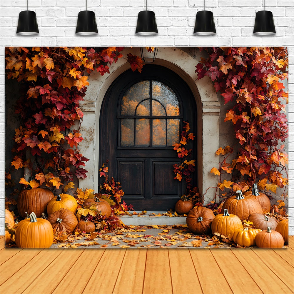 Fall Rustic Door Maple Leaves Pumpkin Backdrop RR9-2