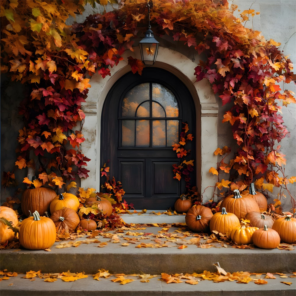 Fall Rustic Door Maple Leaves Pumpkin Backdrop RR9-2