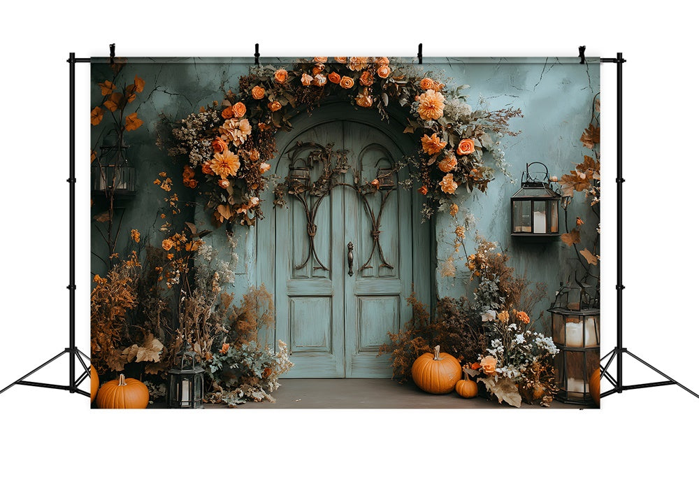 Vintage Green Wall Door Fall Flowers Backdrop RR9-23