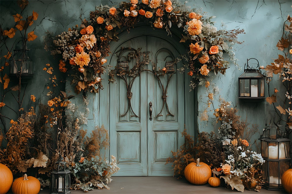 Vintage Green Wall Door Fall Flowers Backdrop RR9-23