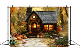 Fall Wood Cabin Pumpkins Fallen Leaves Backdrop RR9-24