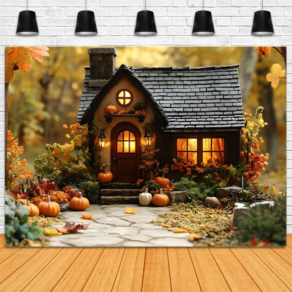 Fall Wood Cabin Pumpkins Fallen Leaves Backdrop RR9-24