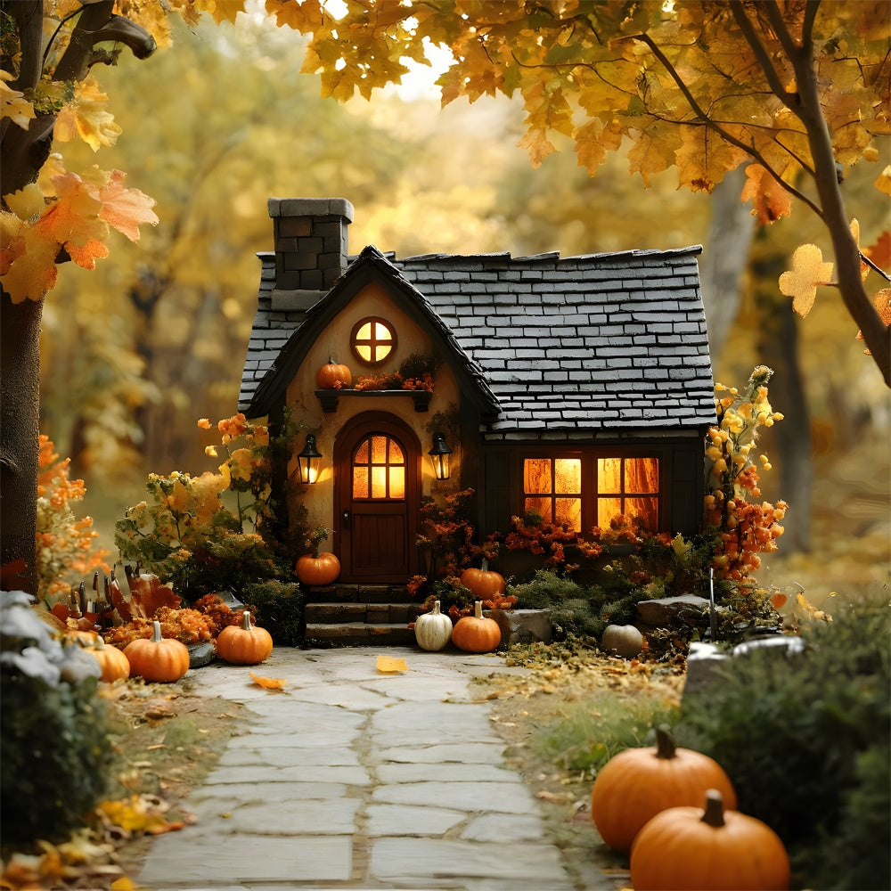 Fall Wood Cabin Pumpkins Fallen Leaves Backdrop RR9-24