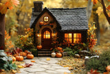 Fall Wood Cabin Pumpkins Fallen Leaves Backdrop RR9-24