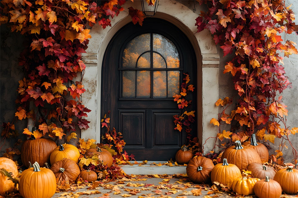 Fall Rustic Door Maple Leaves Pumpkin Backdrop RR9-2