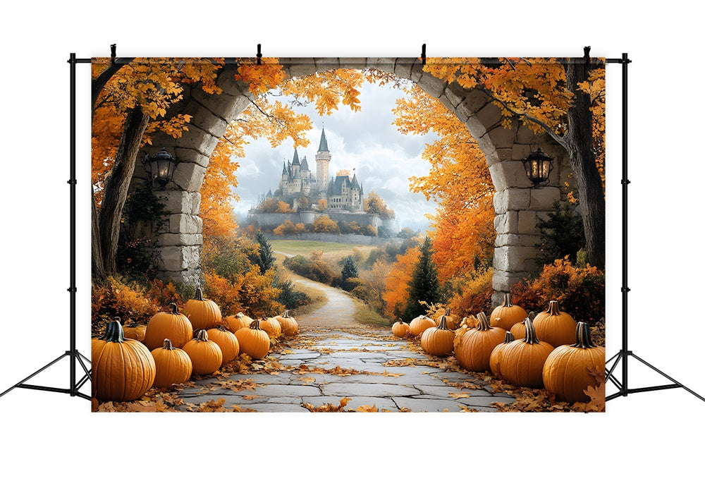 Autumn Leaves Stone Arch Door Castle Backdrop RR9-31