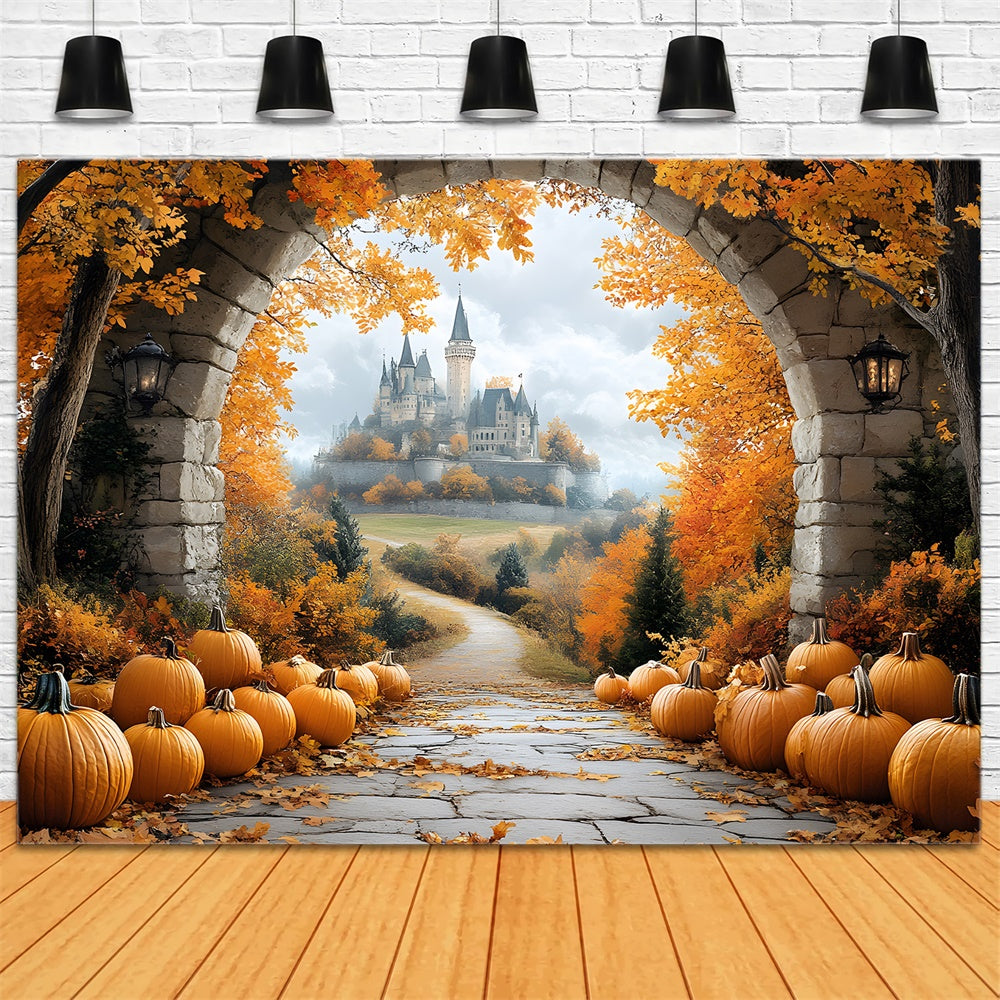 Autumn Leaves Stone Arch Door Castle Backdrop RR9-31