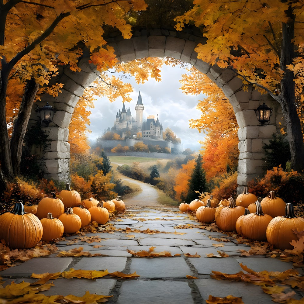 Autumn Leaves Stone Arch Door Castle Backdrop RR9-31