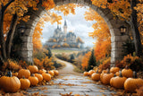 Autumn Leaves Stone Arch Door Castle Backdrop RR9-31