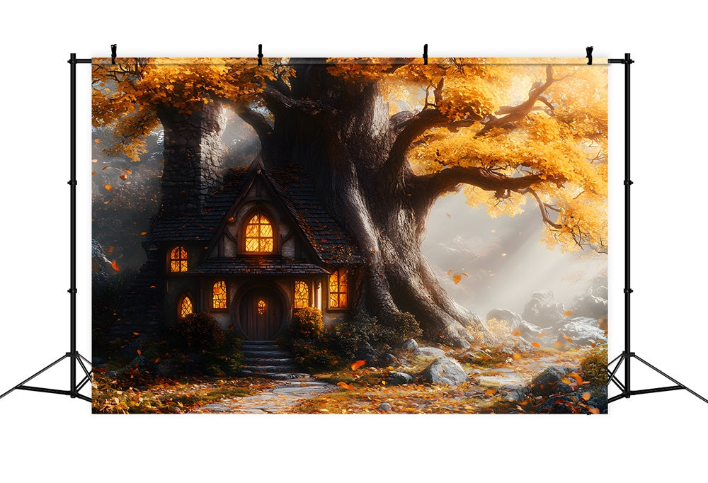 Autumn Maple Tree House Stone Trail Backdrop RR9-32