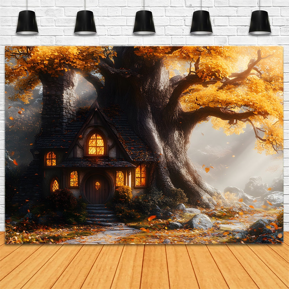 Autumn Maple Tree House Stone Trail Backdrop RR9-32