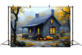 Autumn Misty Forest Stone House Backdrop RR9-33